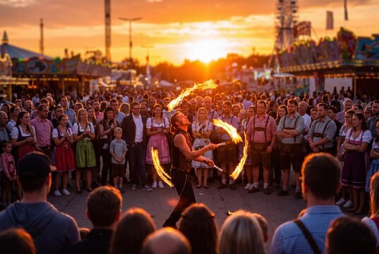 Fire juggler performing show at sunset festival crowd celebration
