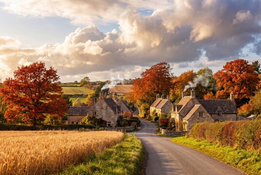 Cotswolds autumn village landscape with stone cottages and colorful trees