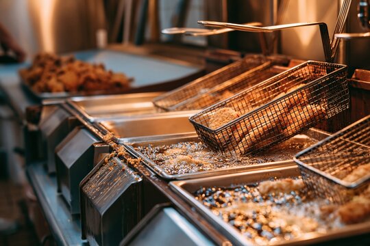 Industrial deep fryers cooking crispy breaded chicken in bubbling hot oil, commercial kitchen interior with warm golden light for fast food catering