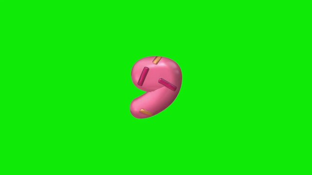 3d animated comma punctuation mark with pink donut glaze and sprinkles on green screen
