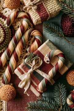 Striped candy canes and wrapped Christmas gifts arranged on a textured surface with pine sprigs and handmade crochet keepsakes for a festive holiday greeting