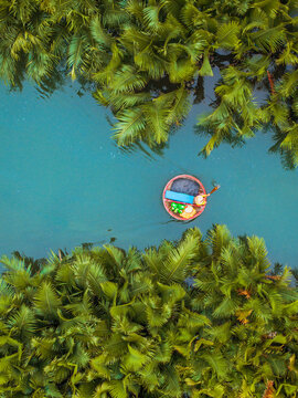 Aerial view of a traditional round basket boat with a fisherman paddling through a narrow river channel surrounded by lush green palm trees in Vietnam.