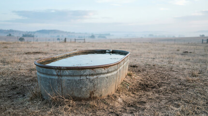 Fototapeta premium Weathered metal livestock trough in a dry grassy field under a hazy sky