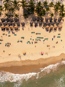 Aerial view of a sandy beach in Vietnam with rows of straw umbrellas, sun loungers, and people relaxing by the ocean waves.