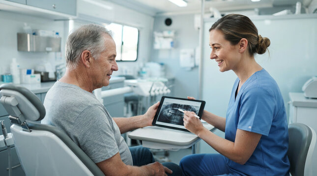 Healthcare professional showing an elderly man an image on a tablet in a clinic