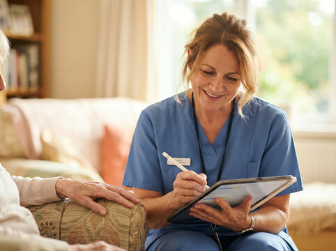 Home care nurse writing notes on a tablet beside an elderly patient
