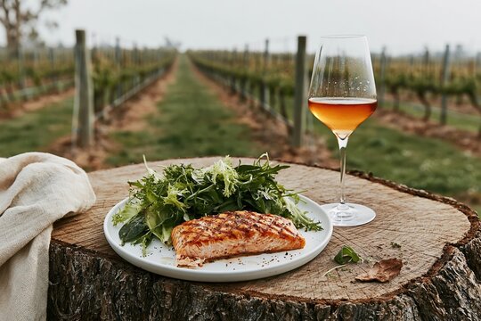 Grilled salmon fillet with a fresh green salad and a glass of rose wine on a rustic tree stump table for a gourmet vineyard dining experience