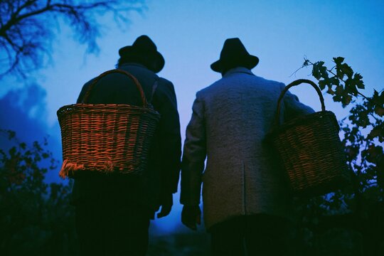 Two vineyard workers carrying wicker baskets through misty vines in a nostalgic, moody scene for viticulture history and winemaking heritage