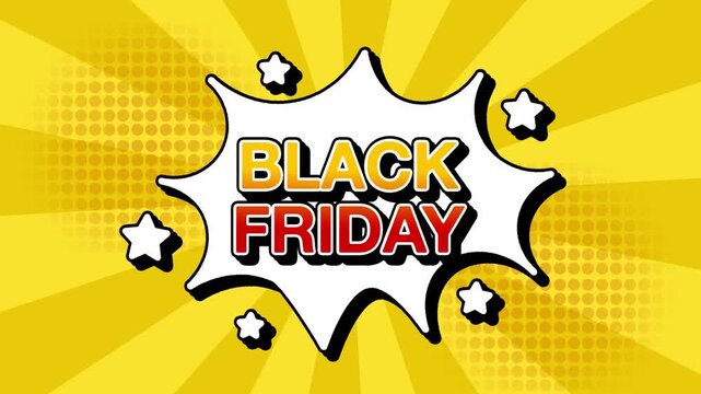 Black friday text word lettering popup comic cartoon reveal with bomb and smoke explosion manga anime book page dots with radial speed lines doodle yellow background with seamless loop animation retro