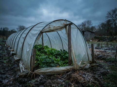 Weathered arched polytunnel over a muddy bed of leafy greens under cloud