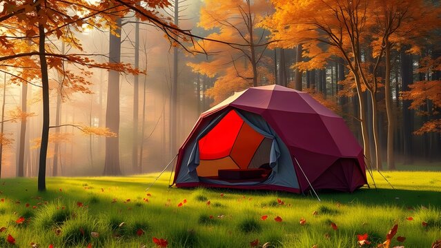 cozy burgundy dome tent in a serene autumn forest with golden leaves and morning mist
