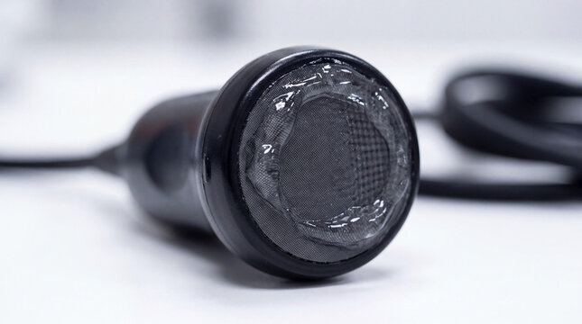 Close-up of medical ultrasound transducer probe with conductive gel for diagnostic scanning.
