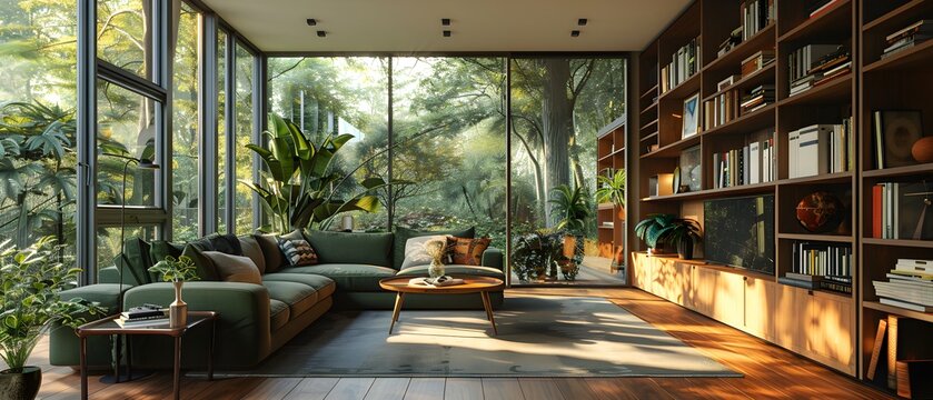 A modern living room with a large green sectional sofa and a full wall of windows overlooking a lush forest.