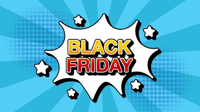 Black friday text word lettering popup comic cartoon reveal with bomb and smoke explosion manga anime book page dots with radial speed lines doodle sky blue background with seamless loop animation ret