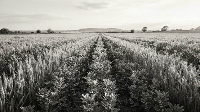 Rows of broad beans intercropped with wheat in a rolling arable field