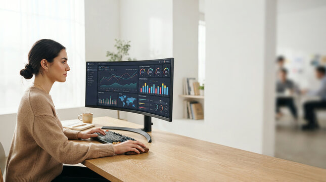 Woman at desk with curved monitor displaying analytics