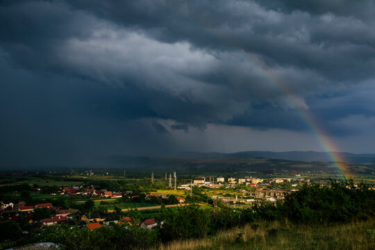 Stormy sky with dramatic clouds from an approaching thunderstorm at sunset