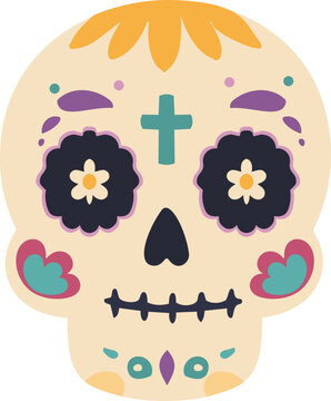 illustration of a colorful Day of the Dead sugar skull with floral eyes and decorative folk art details isolated
