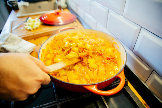 Close up of a typical hungarian homemade lecso (lecs&oacute;) from tomatoes, peppers and onions