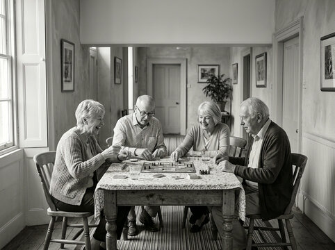Four older friends laughing over a word board game at a farmhouse table