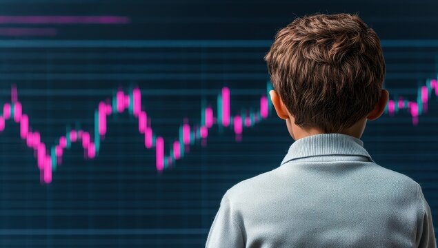 Little boy looks at stock chart. Concept of an early interest in the stock market, investment, finance, cryptocurrency, learning about economics