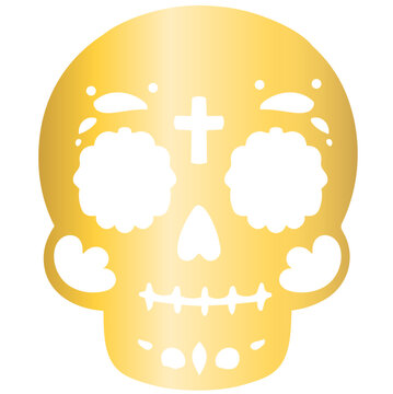 Minimal metallic gold Day of the Dead sugar skull with black decorative facial details in flat vector style, isolated