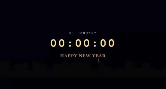 New Year digital clock countdown transition from December 31 to January 01 with Happy New Year text and bursting fireworks animation loop