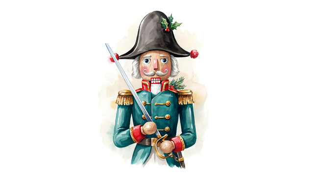 A vintage watercolor of a nutcracker soldier with a sword isolated on a transparent background