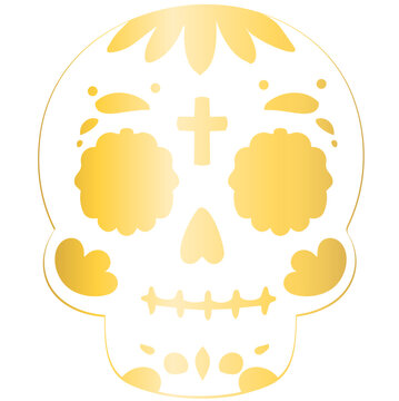 Minimal black Day of the Dead sugar skull silhouette with metallic gold decorative details in flat vector style, isolated