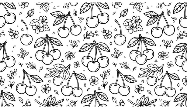 Hand drawn cherry botanical pattern bundle
