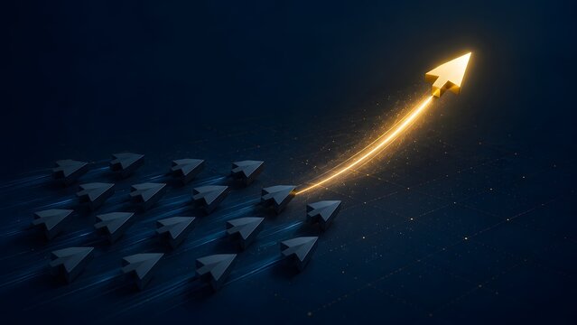 A single glowing golden arrow breaks free from the pack, symbolizing visionary leadership, innovation, and a clear path towards exceptional success and future growth.