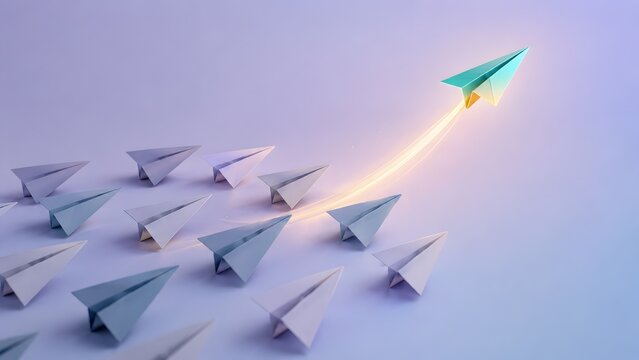 A single shining paper airplane breaking away from the others and ascending with a bright golden trail, illustrating innovation and future-forward leadership.