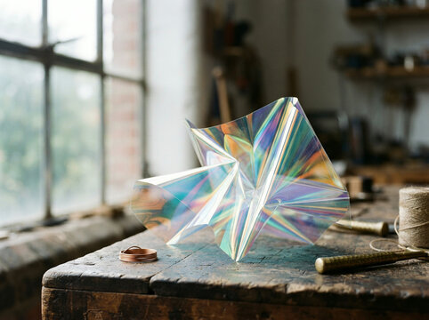 Iridescent film sculpture on a workbench by a studio window