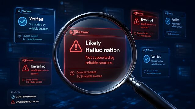 Magnifying glass examining AI answers, highlighting the critical difference between verified facts and likely hallucinations, emphasizing data reliability and truth.
