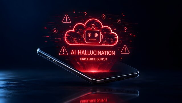 Mobile AI Hallucination Warning: Smartphone displays unreliable output, emphasizing the critical risks and potential inaccuracies in advanced artificial intelligence interactions.