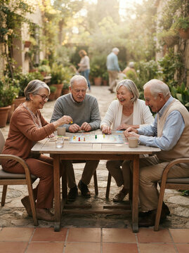 Four older friends laughing over a board game in a sunlit courtyard garden