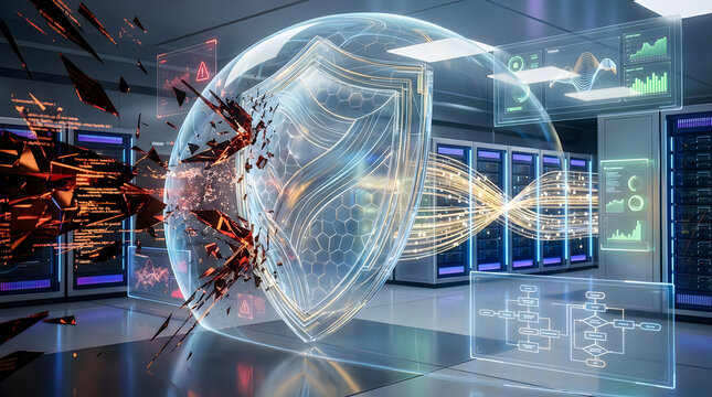 Digital shield protecting advanced data infrastructure against cyber threats in futuristic server room with environment filled holographic breaking apart malicious