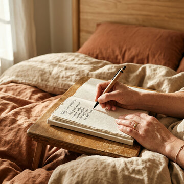 Hands writing in a notebook on a bed with a textured blanket and wooden headboard