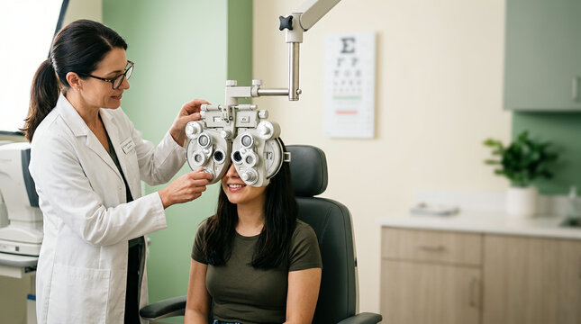 Optometrist in white coat testing vision with phoropter on woman
