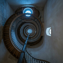 Fototapeta premium Ornate spiral staircase spiralling below a round skylight