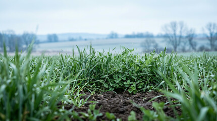 Obraz premium Green grass and clover growing from dark soil under an overcast grey sky