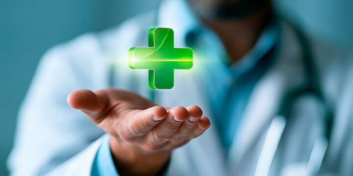 Doctor holding glowing digital green cross hologram over extended hand for healthcare concept