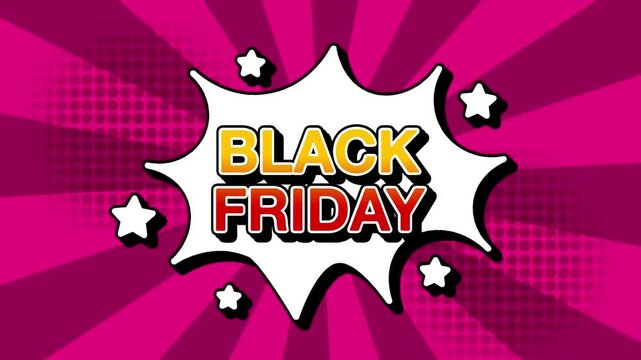Black friday text word lettering popup comic cartoon reveal with bomb and smoke explosion manga anime book page dots with radial speed lines doodle pink background with seamless loop animation retro