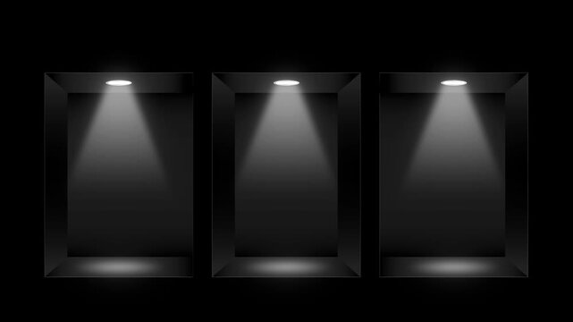 Showcase spotlight animation with 3 dark grey box display and dynamic white light turning on and off on black background. 4K animated for product showcase, intro, placeholder, and motion graphics.