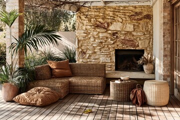 Fototapeta premium Cozy covered patio featuring a rustic stone fireplace and woven wicker sofa on a timber deck for residential real estate and outdoor living marketing