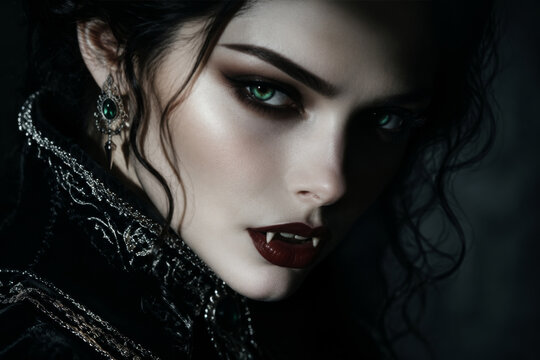 Portrait of a beautiful gothic woman as a vampire. Close up of a female with sharp fangs, green eyes and dark makeup. Mysterious supernatural character for Halloween fantasy theme.