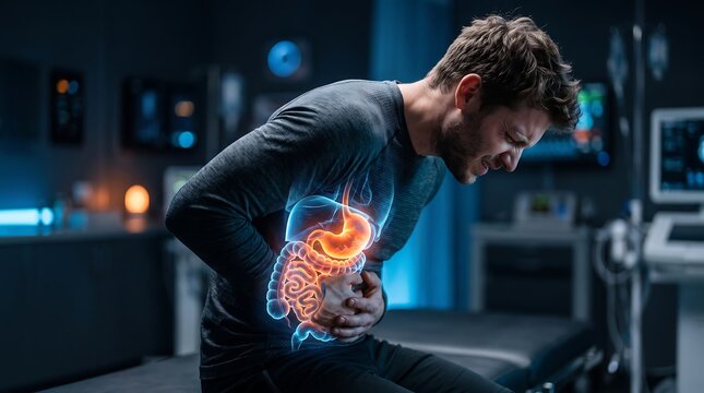 Man suffering from severe abdominal pain with highlighted inflamed stomach and digestive tract anatomy