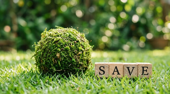 Concept of Saving the Planet with a Green Moss Earth Ball and Wooden Blocks Spelling Save on Grass Lawn