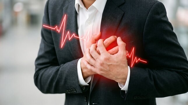 Man in a suit experiencing sudden chest pain and heart attack symptoms with a glowing red heartbeat pulse line graphic overlay
