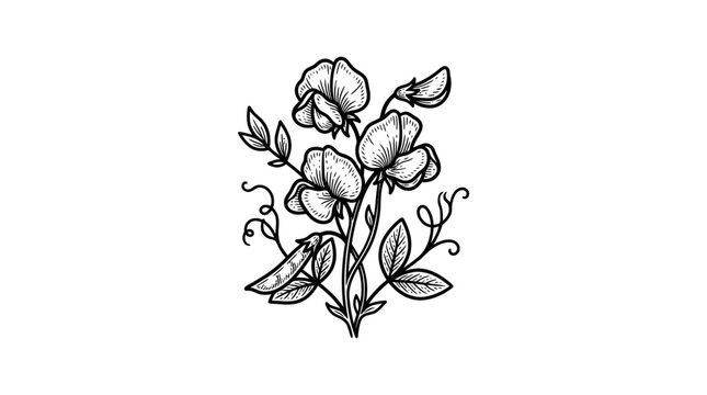 Detailed line art illustration of sweet pea flowers.